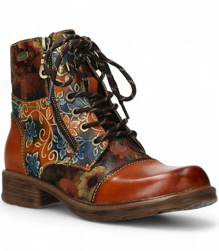 Laura Vita Anita 006 Camel Brown Floral Womens Gothic Victorian Leather Ankle Boots