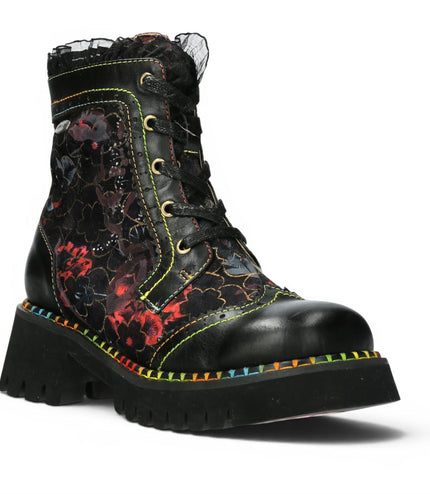 Laura Vita Women's Gothic Floral Black Leather Combat Boots - Oyao-11