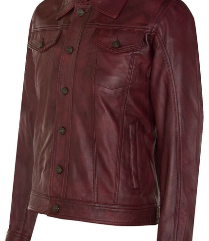 Men's Retro Leather Trucker Jacket-Constantine - Burgundy