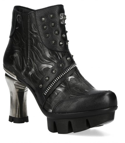 New Rock Womens Neopunk001-C19 Black Gothic Heeled Punk Leather Ankle Boots