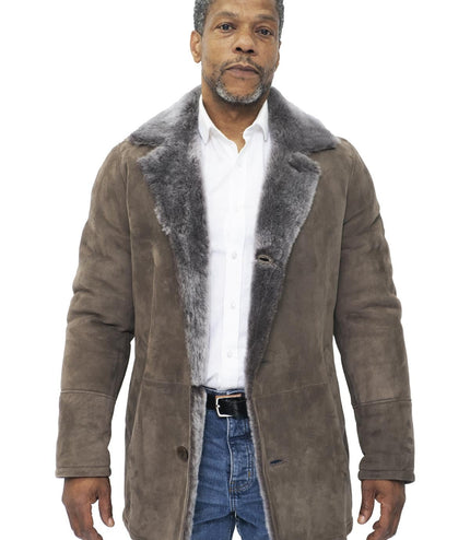 Mens Sheepskin Classic Car Coat-Avondale - Taupe