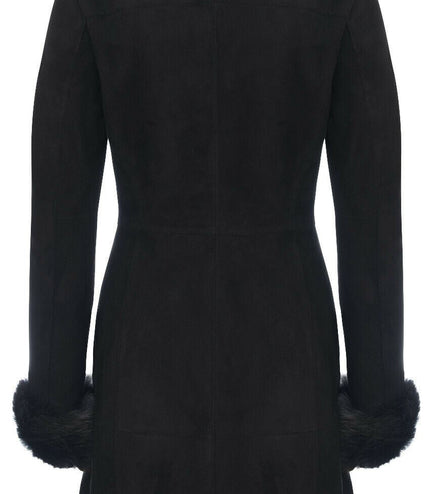 Womens Suede Merino Shearling Coat with Toscana Collar-Hanoi - Black