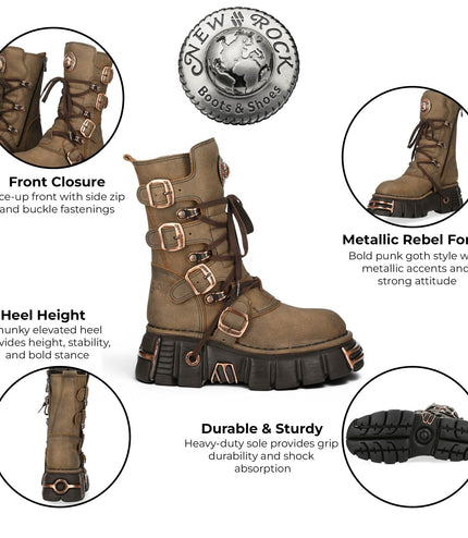 New Rock Brown Leather Gothic Mid-Calf Biker Boots - M-373XL-C120