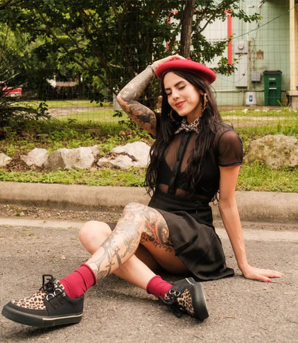 TUK Pointed Creeper Sneaker Black Leopard Canvas Platform Shoes - A9180