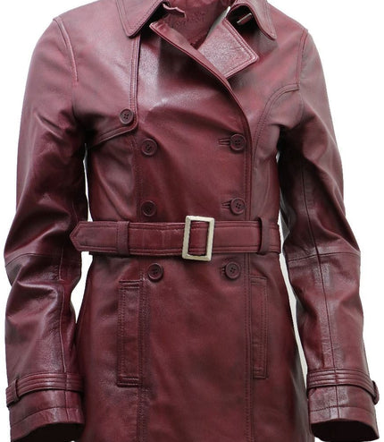 Womens Nappa Leather Trench Coat-Mosul - Burgundy