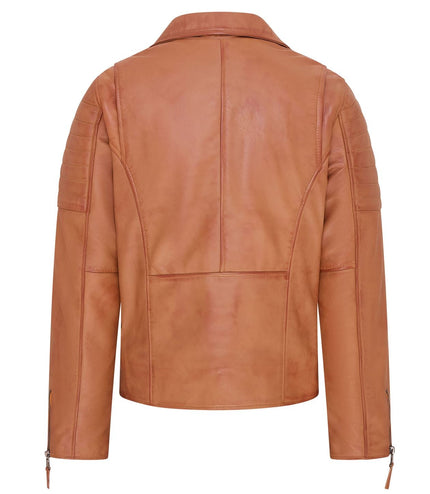 Mens Slim Fit Brando Style Double Cross Zip 100% Leather Biker Jacket - Tan