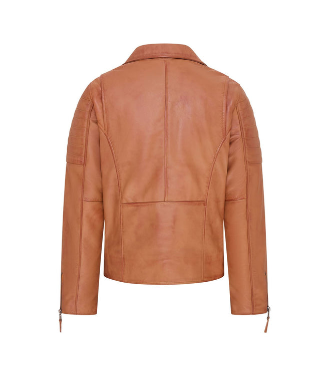 Mens Slim Fit Brando Style Double Cross Zip 100% Leather Biker Jacket - Tan