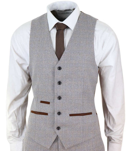 Mens 3 Piece Cream Tweed Check Vintage Retro Suit