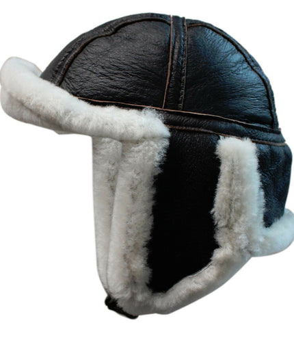 Men's B3 Brown Cream RAF Aviator Sheepskin B-55 WW2 Trapper Flying Hat