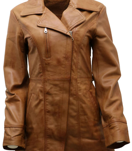 Womens Leather Long Biker Jacket-Muscat - Tan