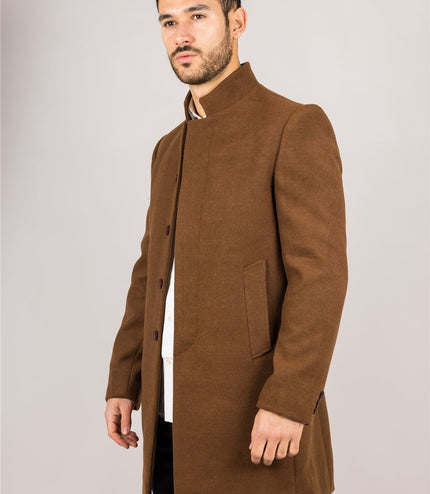 Men's Brown Stand Collar Wool Blend Overcoat
