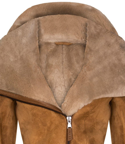 Womens Merino Sheepskin Hooded Coat-Antioch - Tan