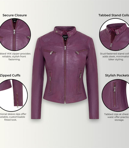 Womens Slim-Fit Leather Biker Jacket-Maldon - Purple