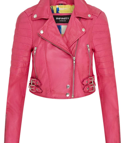 Womens Cropped Brando Leather Biker Jacket-Damascus - Fuschia