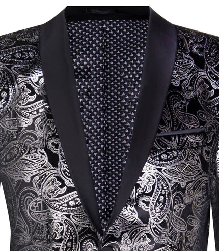 Mens Classic Silver Paisley Black Velvet Tuxedo Dinner Jacket Tailored Blazer