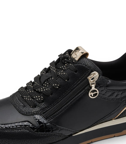 Tamaris Womens Black Faux Leather Fashion Lace Up Sneakers - 23613-46