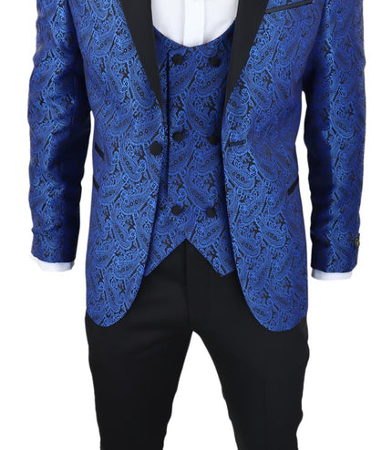 Mens Blue Tuxedo Blazer Waistcoat Brocade Black Satin Paisley Dinner Jacket
