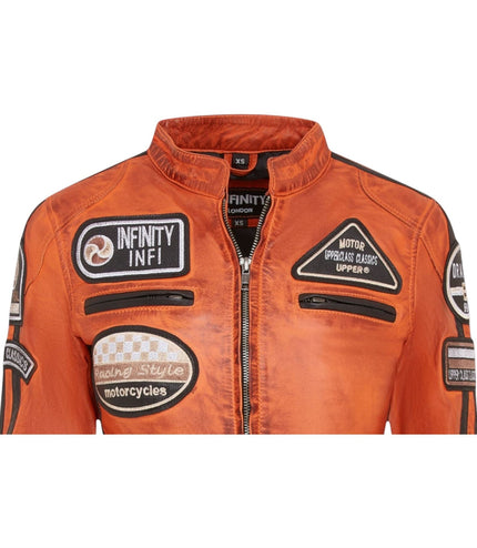 Womens Biker Racing Badges Leather Jacket-Eastleigh - Orange