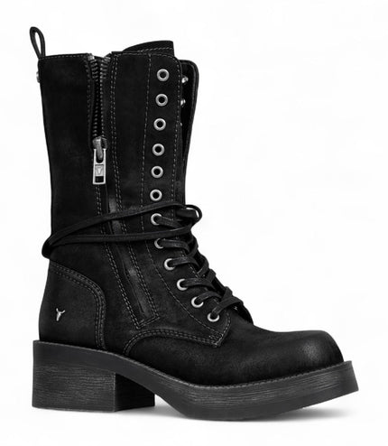 Windsorsmith Womens Black Suede Combat Boots Mid-Calf Lace-Up Biker Shoes - Gather