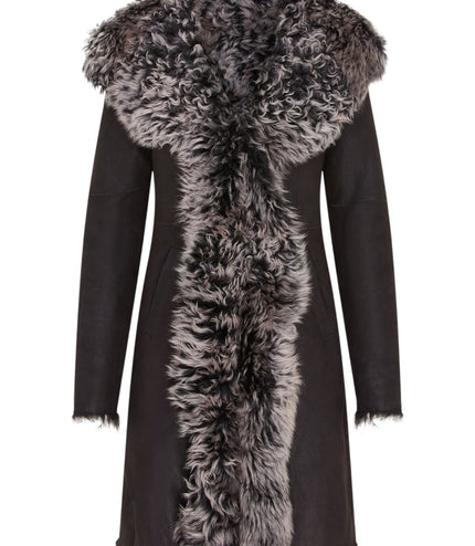Womens Black Toscana Sheepskin Leather Hooded Trench Coat - Coast