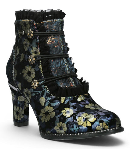 Laura Vita Floral Womens Victorian Blue Leather Heel Ankle Boots - Alcbaneo-130