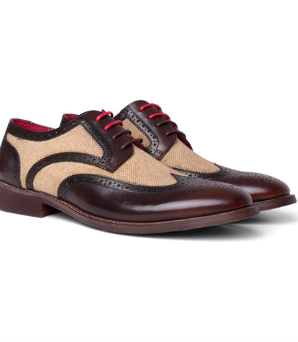 Justin Reess Men's Brown Leather Canvas Detailing Brogue Shoes - Cole