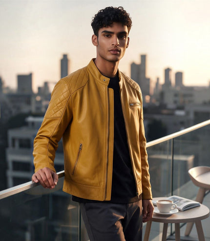 Mens Yellow Leather Quilted Shoulder Biker Jacket - Rock