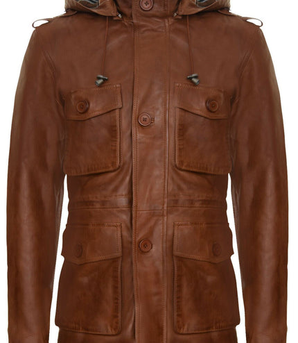Mens Leather Hooded Trench Coat-Medellin - Tan