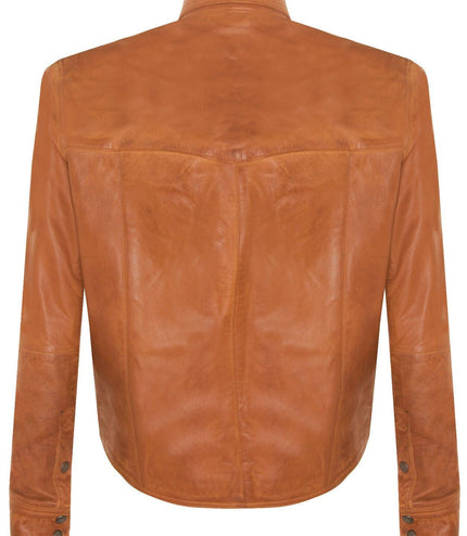 Mens Retro Leather Shirt Jeans Jacket-Beijing - Tan