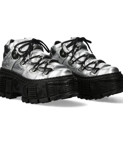 New Rock M-106Wall-C29 Metallic Silver Black Leather Gothic Ankle Boots