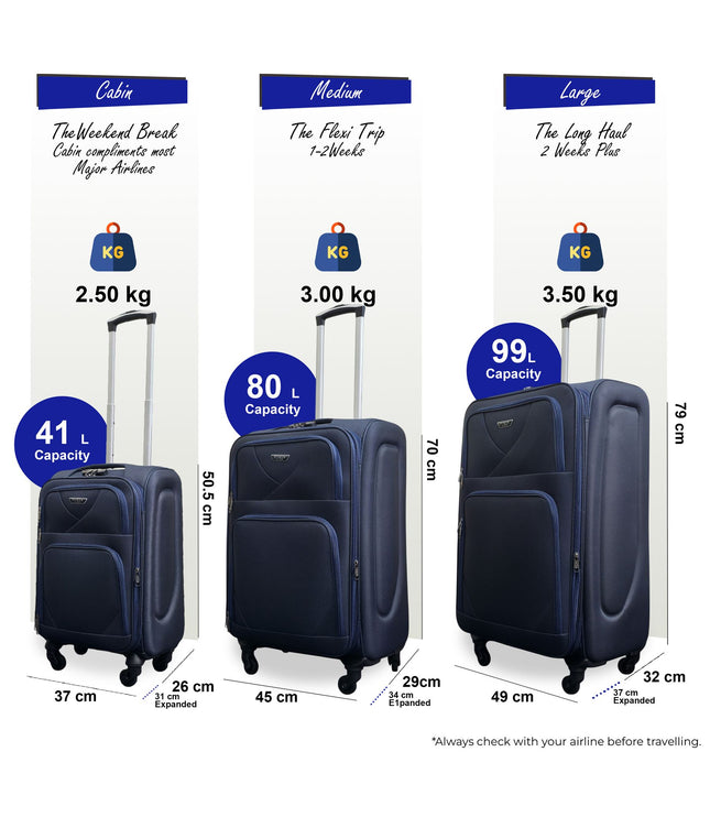 Nagoya Set of 3 Soft Shell Suitcase in Navy