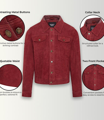 Mens Trucker Goat Suede Western Leather Jeans Jacket - Yangon - Burgundy