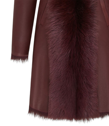 Womens Burgundy Red Toscana Sheepskin Leather Hooded Trench Coat - Coast
