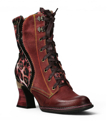 Laura Vita Women's Goth Victorian Floral Wine Leather Lace-Up Heeled Boots - Eleao-42
