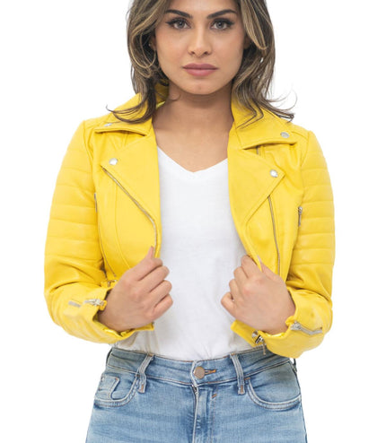 Womens Cropped Brando Leather Biker Jacket-Damascus - Silver