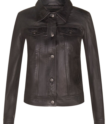 Womens Leather Trucker Jeans Jacket-Anderlecht - Black