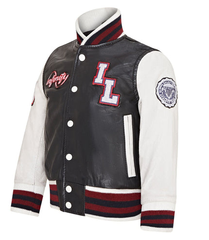 Kids Black Letterman Leather Varsity College Bomber Jacket