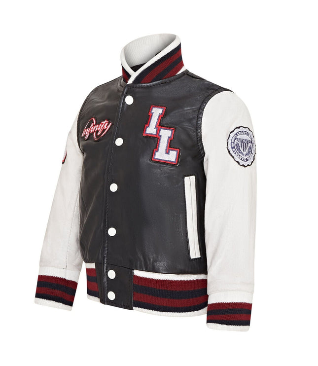 Kids Black Letterman Leather Varsity College Bomber Jacket