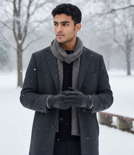 Men's Black Italian Leather Warm Wool Lining Winter Gloves - M-LGV-405