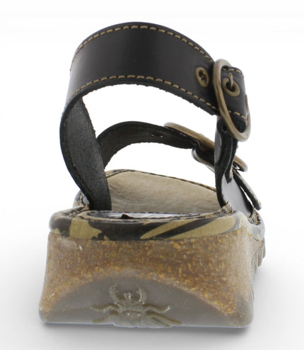 Fly London Women's TRAM723FLY Black Leather Wedge Sandals