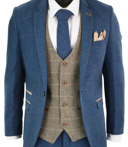 Mens 3 Piece Blue Tweed Vintage Suit