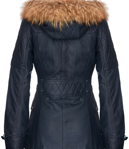 Womens Quilted Leather Parka Jacket-Brussels - Navy