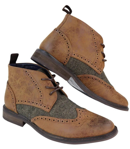 Mens Classic Tweed Oxford Brogue Ankle Boots In Tan Leather