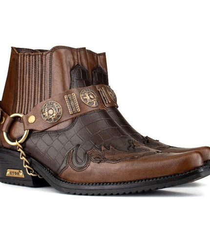 Men's Brown Leather Two-Tone Winklepicker Biker Boots
