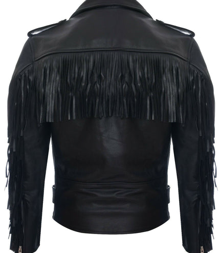 Mens Fringe Hide Leather Biker Jacket- Tokyo