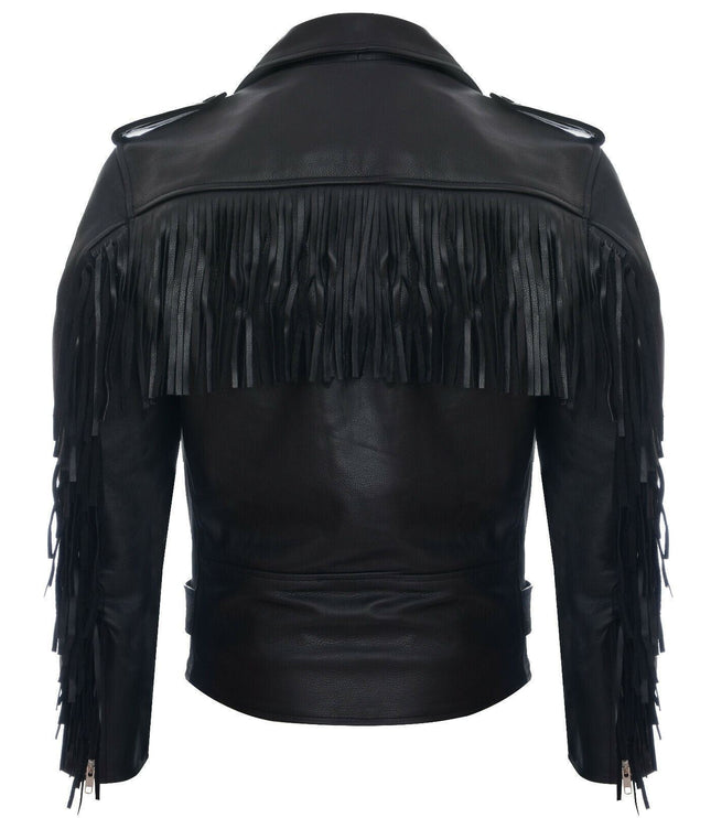 Mens Fringe Hide Leather Biker Jacket- Tokyo