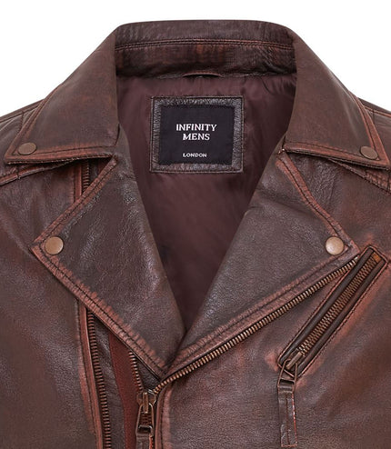 Mens Slim Fit Brando Style Double Cross Zip 100% Leather Biker Jacket - Brown