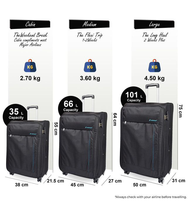 Clevedon Set of 3 Soft Shell Suitcase in Black