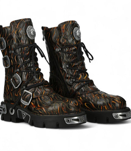 New Rock M-591-C62 Mid-Calf High Black Flame Leather Metallic Gothic Boots