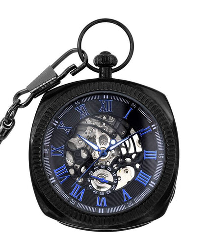 Mechanical Black Blue Vintage Skeleton Square Open-Face Pocket Watch